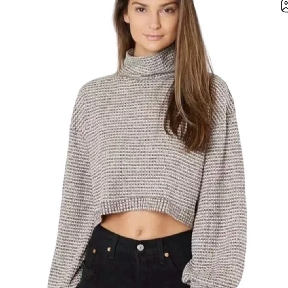 Free People Cropped Turtleneck Knit Sweater -White &Burgundy